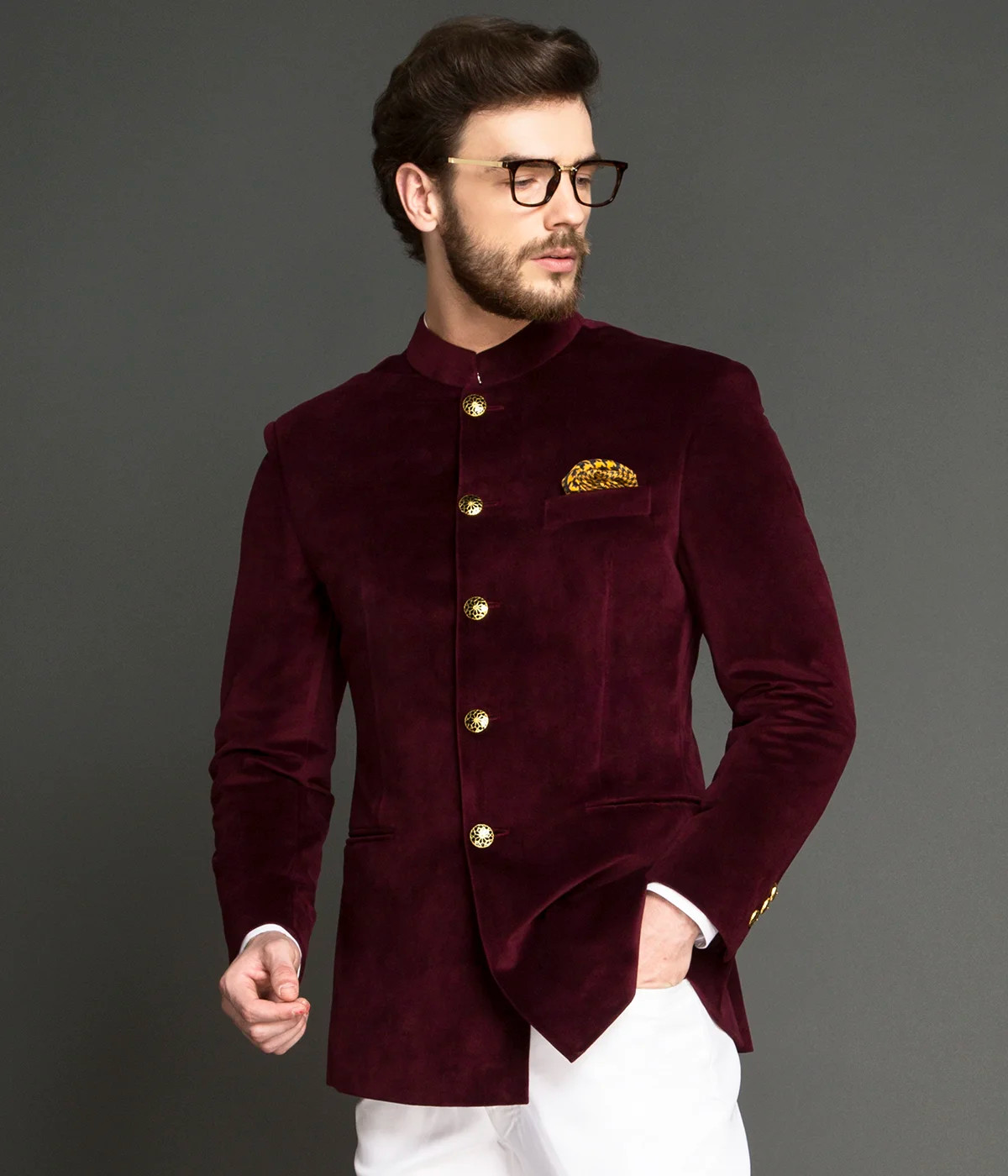 Red and Maroon color Imported fabric Jodhpuri Suit : 1575964