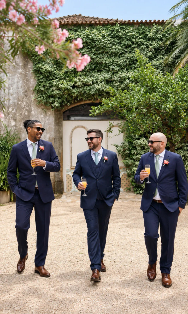 Navy Blue Three-Piece Wedding Suits for Groom and Groomsmen