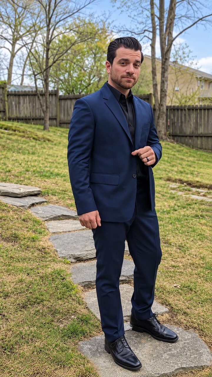 Navy Blue Vegan Suit with Black Shirt and Black Shoes