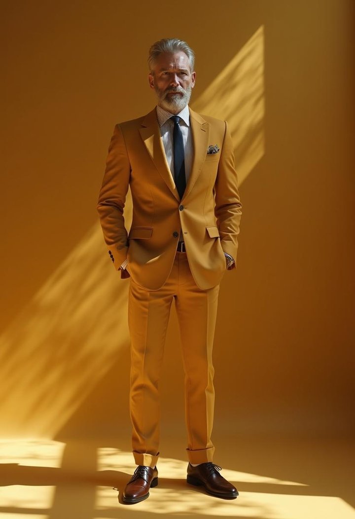 Mustard Yellow Suit with White Shirt and Black Tie