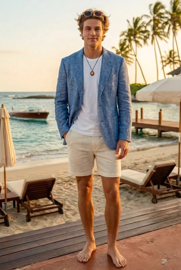 Blue Linen Blazer Outfit with Beige Shorts and White T-Shirt