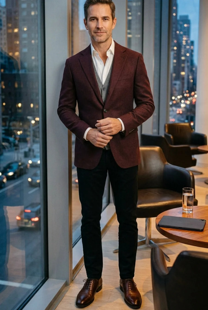 Men’s Burgundy Blazer Business Casual Outfit with Black Pants and Grey Sweater Vest