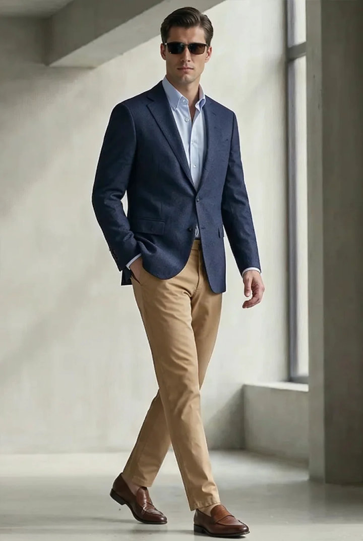 Men’s Smart Casual Outfit with Blue Blazer and Khaki Pants