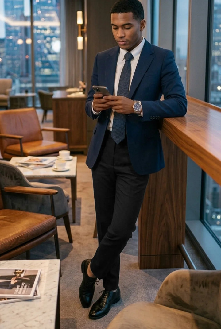 Classic Blue Blazer Outfit with Black Pants, White Shirt and Tie