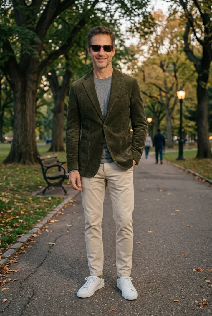 Olive Green Corduroy Blazer Outfit with Beige Pants and White Sneakers