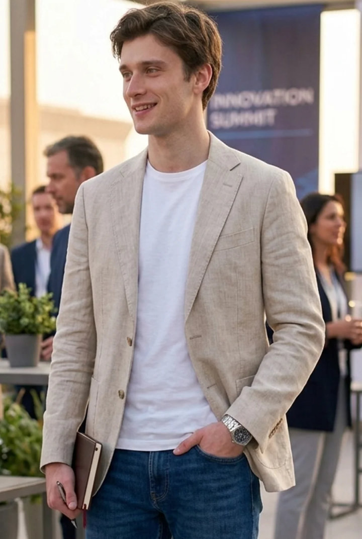 Beige Linen Blazer Outfit with Jeans and White T-Shirt