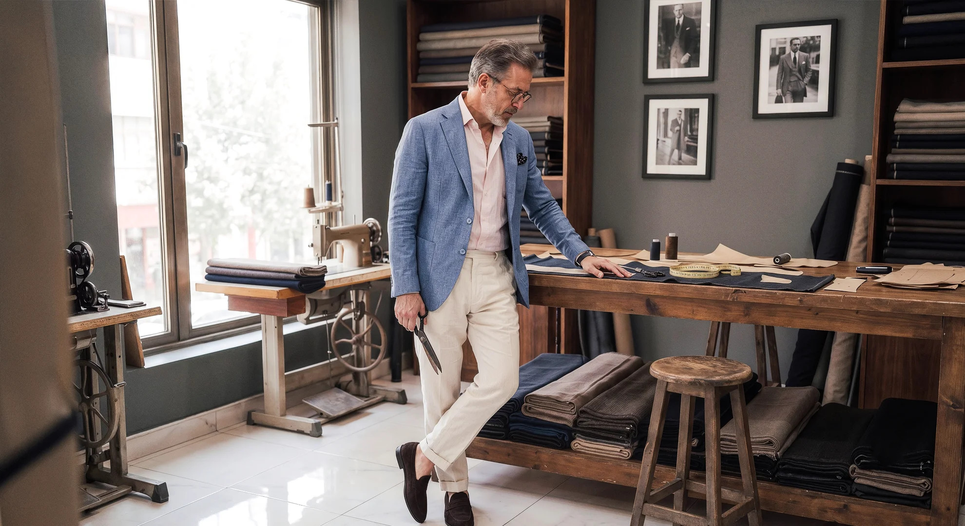 Man in a navy Linen blazer