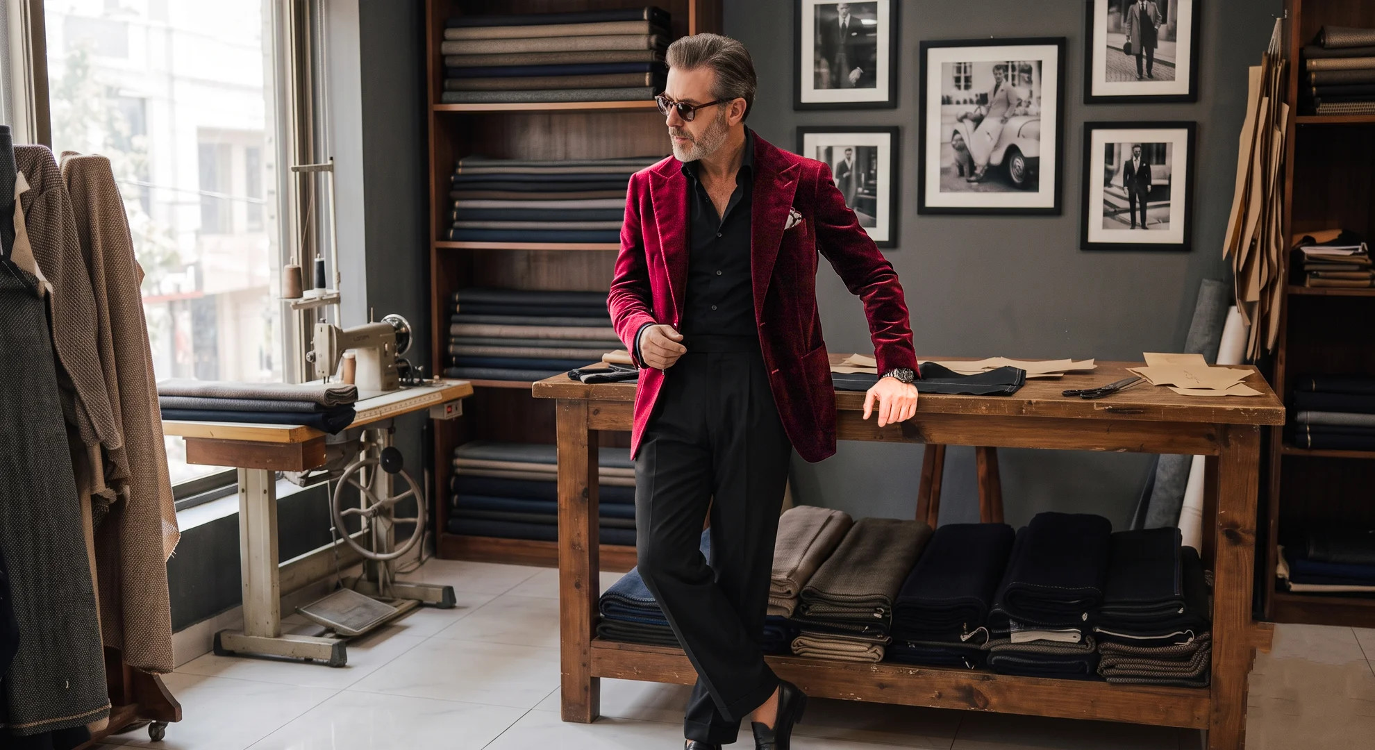 Man in burgundy velvet blazer