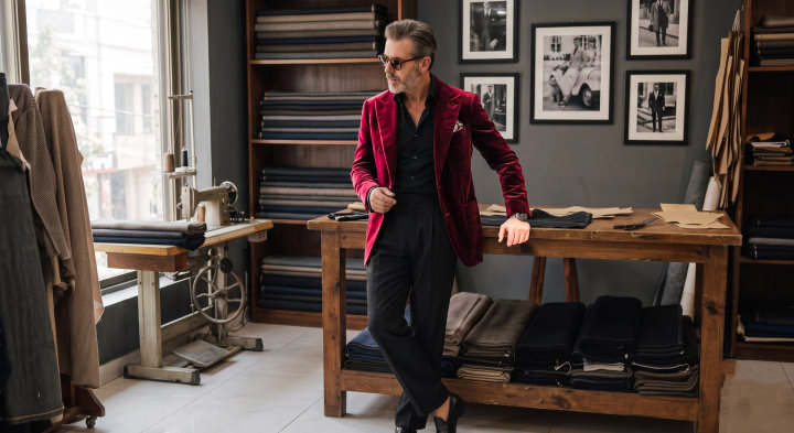 Men’s Red Velvet Blazer Outfit with Black Pants and Black Shirt