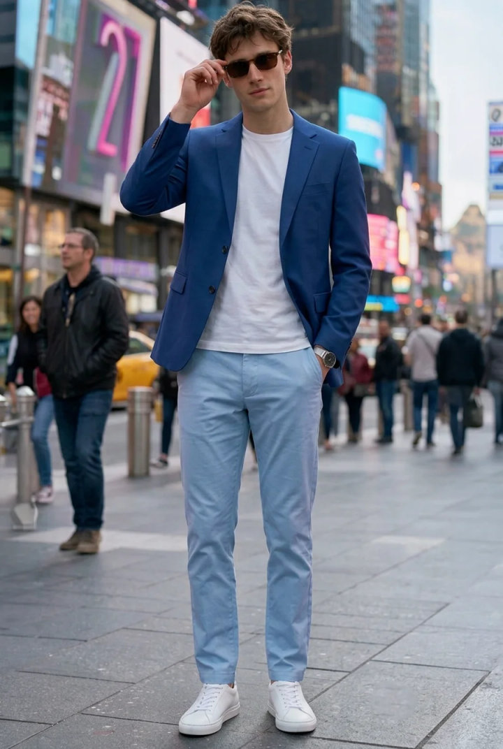 Men’s Royal Blue Blazer Outfit with Light Blue Pants and White Sneakers