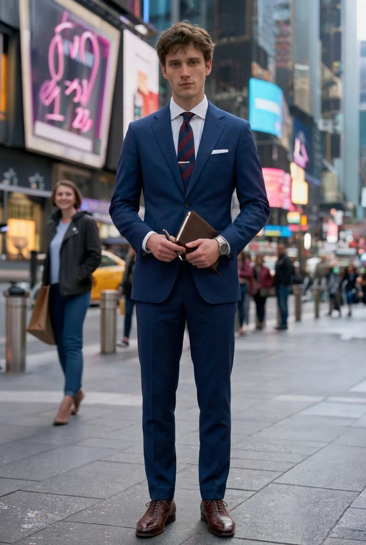 Men’s Royal Blue Suit Outfit with White Shirt, Maroon Tie and Brown Shoes