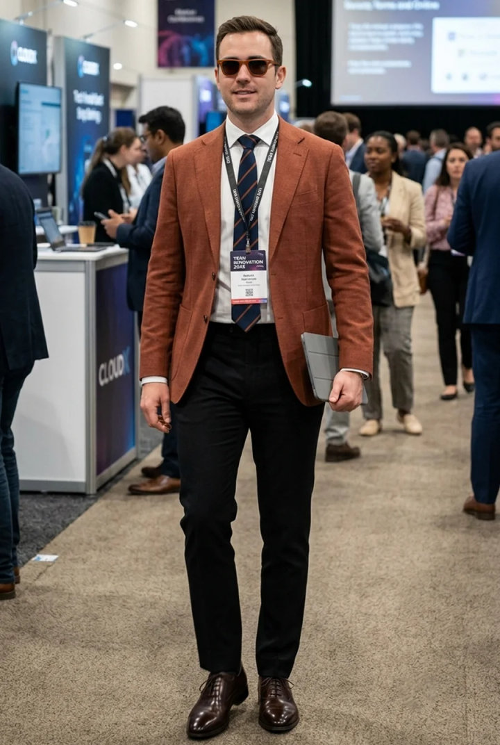 Rust Blazer Business Casual Outfit with Black Pants and White Shirt