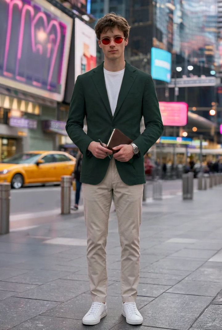 Men’s Olive Green Blazer Outfit with Beige Pants and White Sneakers