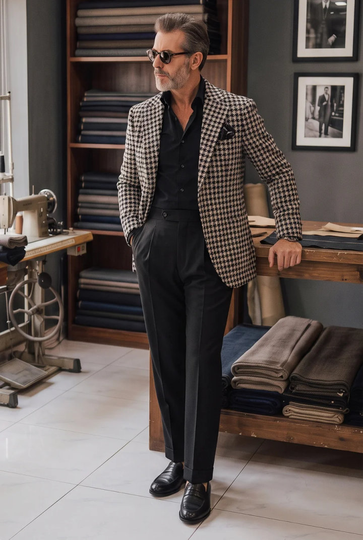 Men’s Black and White Houndstooth Tweed Blazer Outfit with Black Pants and Black Shirt