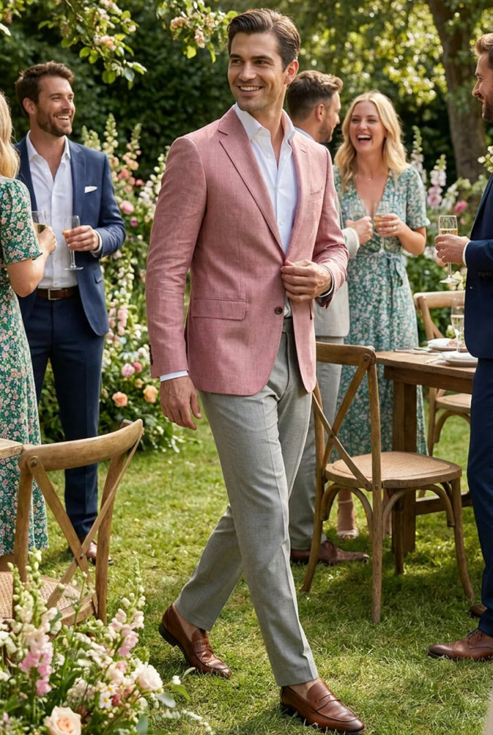 Pink Blazer Outfit with Grey Pants and Brown Loafers