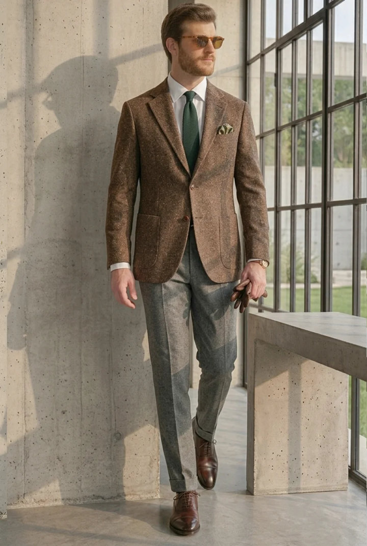 Brown Tweed Blazer Outfit with Grey Pants and White Shirt