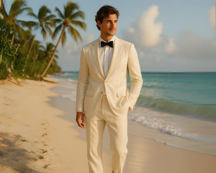 Beige Linen Summer Suit with White Shirt