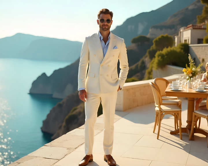 Ivory Double-Breasted Suit with Blue Shirt and Brown Shoes