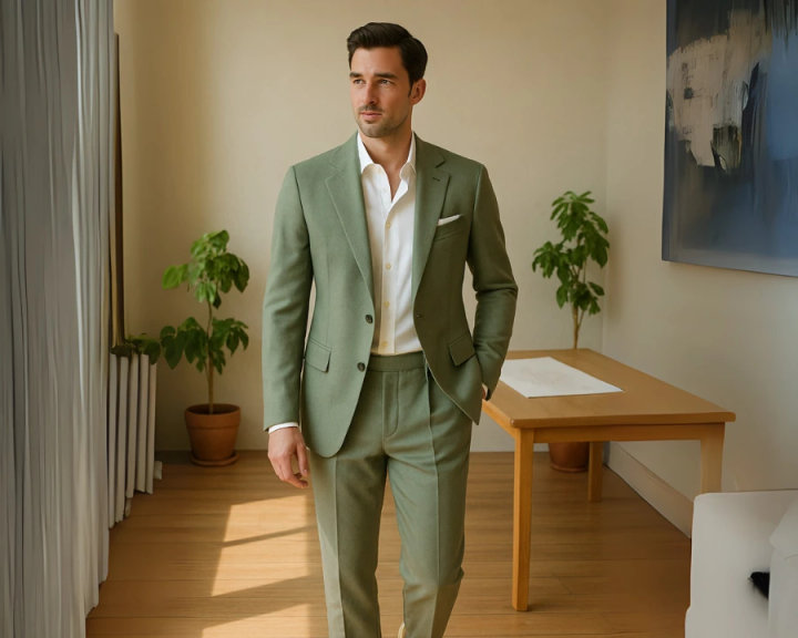 Sage Green Suit with Open-Collar White Shirt