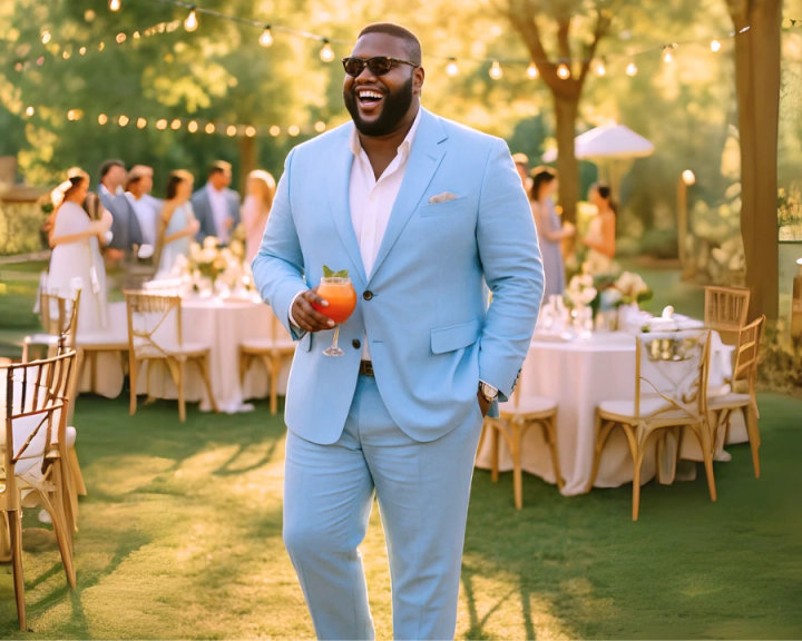 Big and Tall Light Blue Suit with Open Collar Pink Shirt