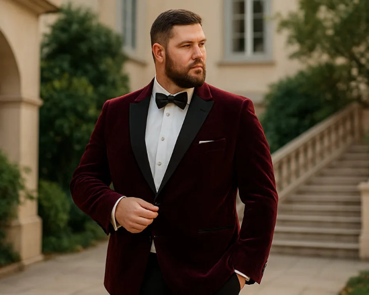 Big and Tall Burgundy Velvet Tuxedo with White Shirt