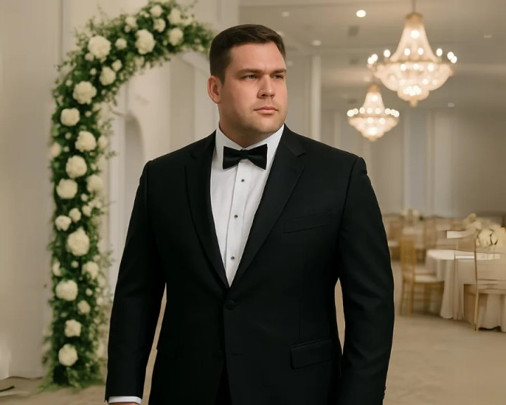 Custom-Fit Black Tuxedo with White Shirt and Bow Tie