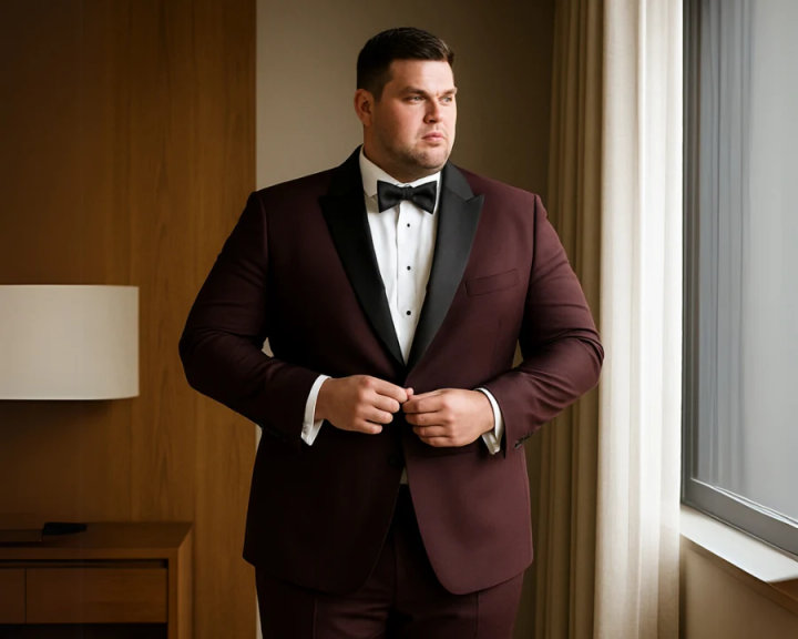 Big and Tall Burgundy Wedding Tuxedo with White Shirt and Black Bow Tie
