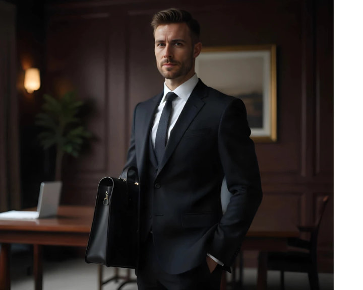 Black Three-Piece Suit with White Shirt and Black Tie