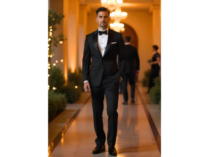 Black Peak Lapel Tuxedo with White Shirt and Bow Tie