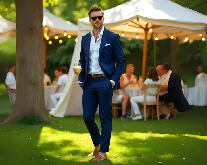 Classic Blue Linen Suit with Open-Collar White Shirt