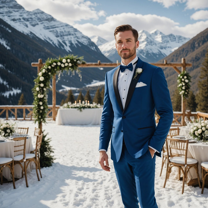 Royal Blue Wedding Tuxedo with White Dress Shirt and Blue Bow Tie