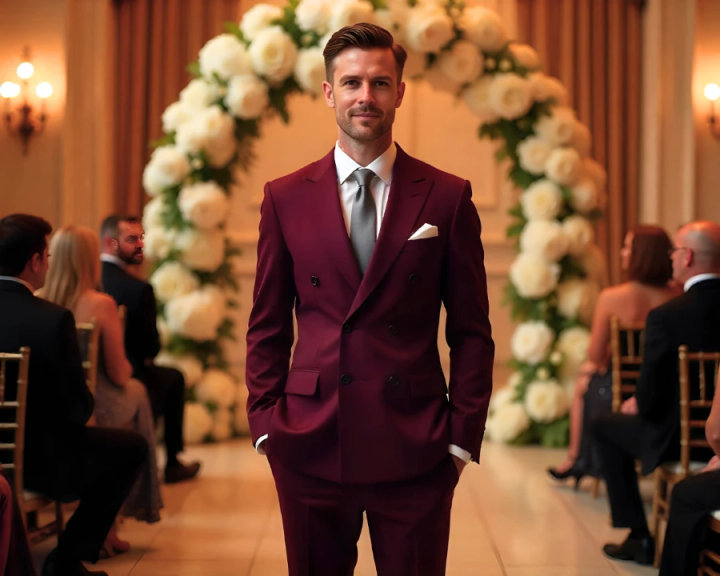 Burgundy Double-Breasted Peak Lapel Suit with White Shirt