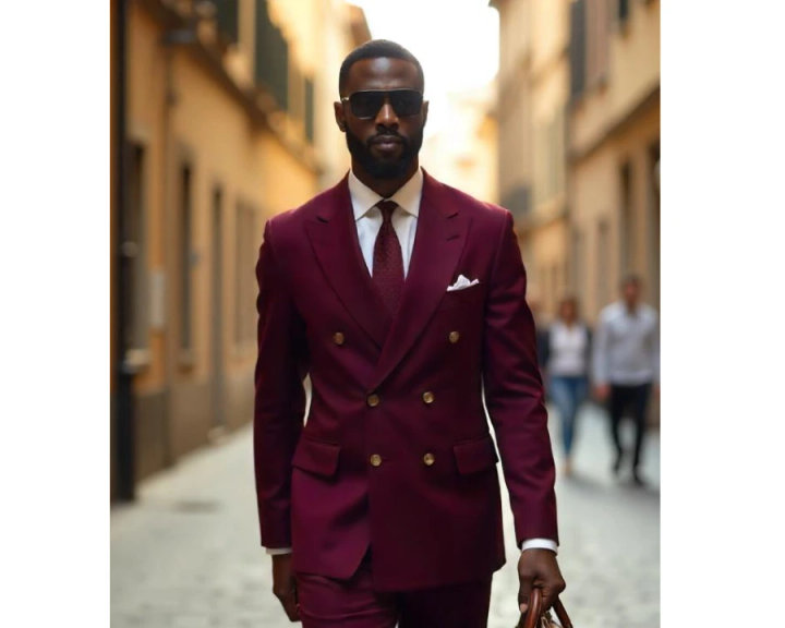 Burgundy Double-Breasted Suit with White Shirt