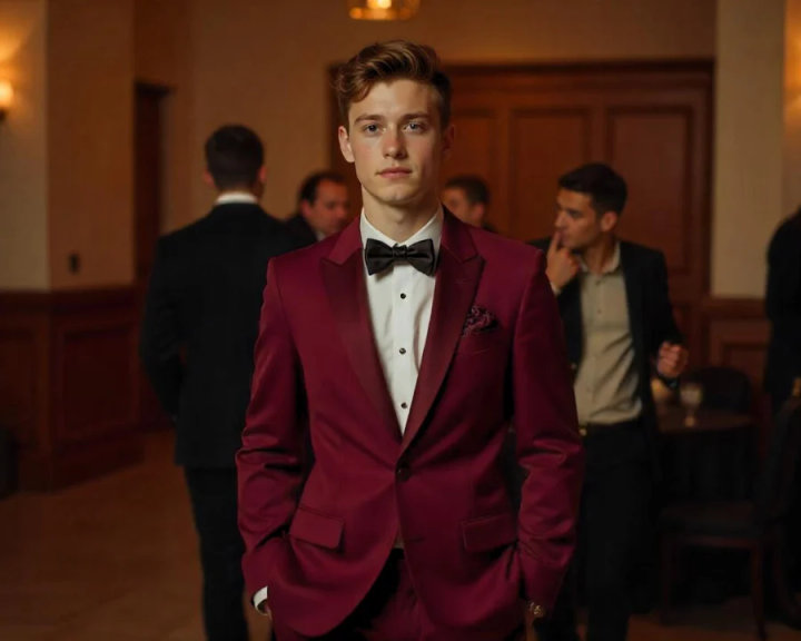 Burgundy Prom Suit with White Shirt and Black Bow Tie
