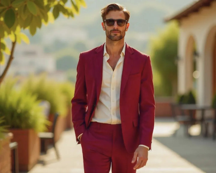 Burgundy Linen Summer Suit with Ivory Shirt