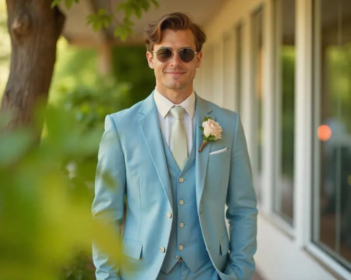 Light Blue Three-Piece Suit with White Shirt