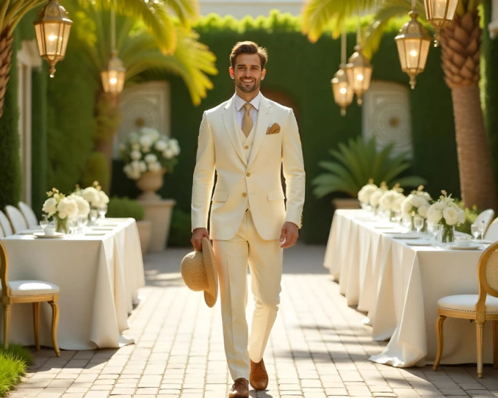 Ivory Three-Piece Suit with White Shirt and Yellow Tie