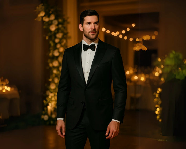 Black Satin Shawl Lapel Wedding Tuxedo with White Shirt and Bow Tie