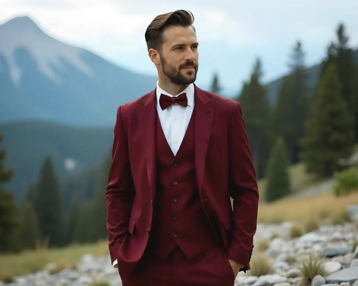 Burgundy Three-Piece Suit with White Shirt and Bow Tie