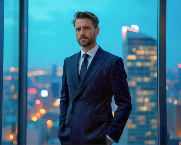Navy Pinstripe Double-Breasted Suit with Blue Shirt