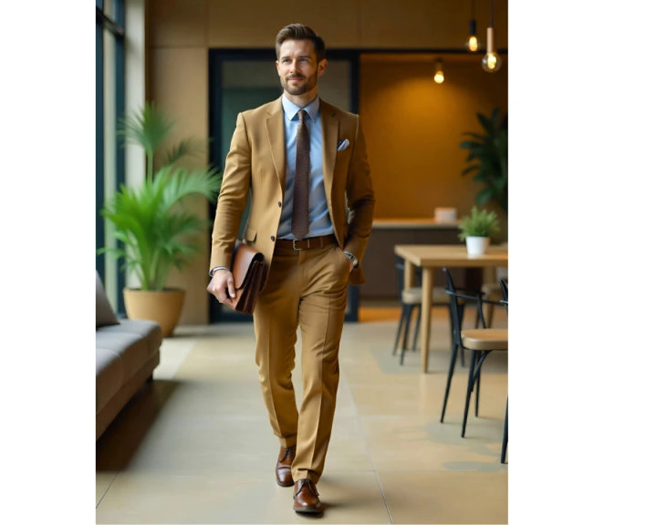 Khaki Summer Suit with Blue Shirt
