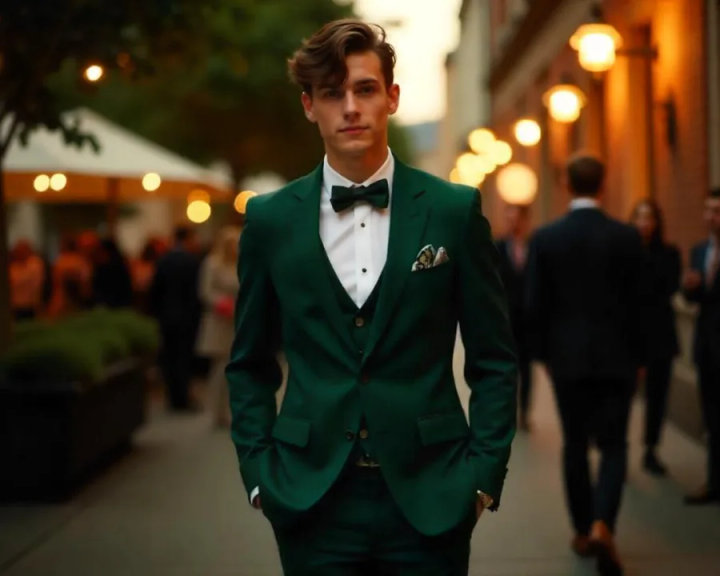 Forest Green Three-Piece Prom Suit with White Dress Shirt and Green Bow Tie