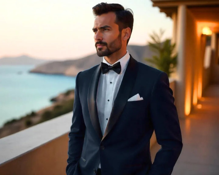 Classic Midnight Blue Tuxedo with White Shirt and Black Bow Tie