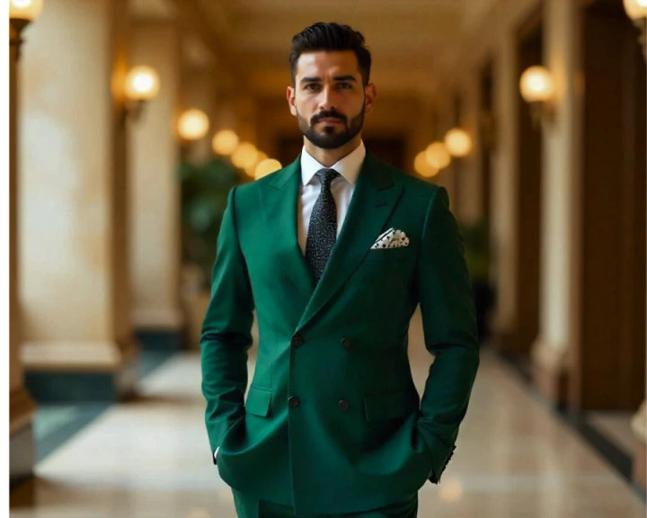 Green Double-Breasted Suit with White Shirt