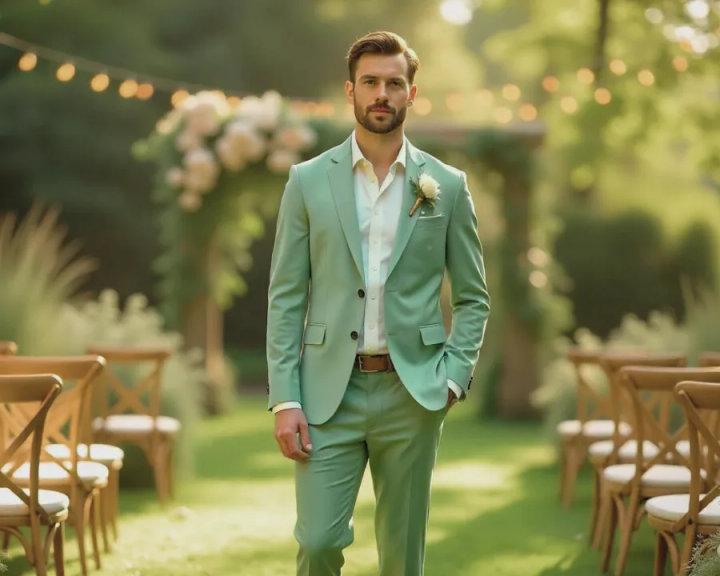 Sage Green Wedding Suit with White Shirt