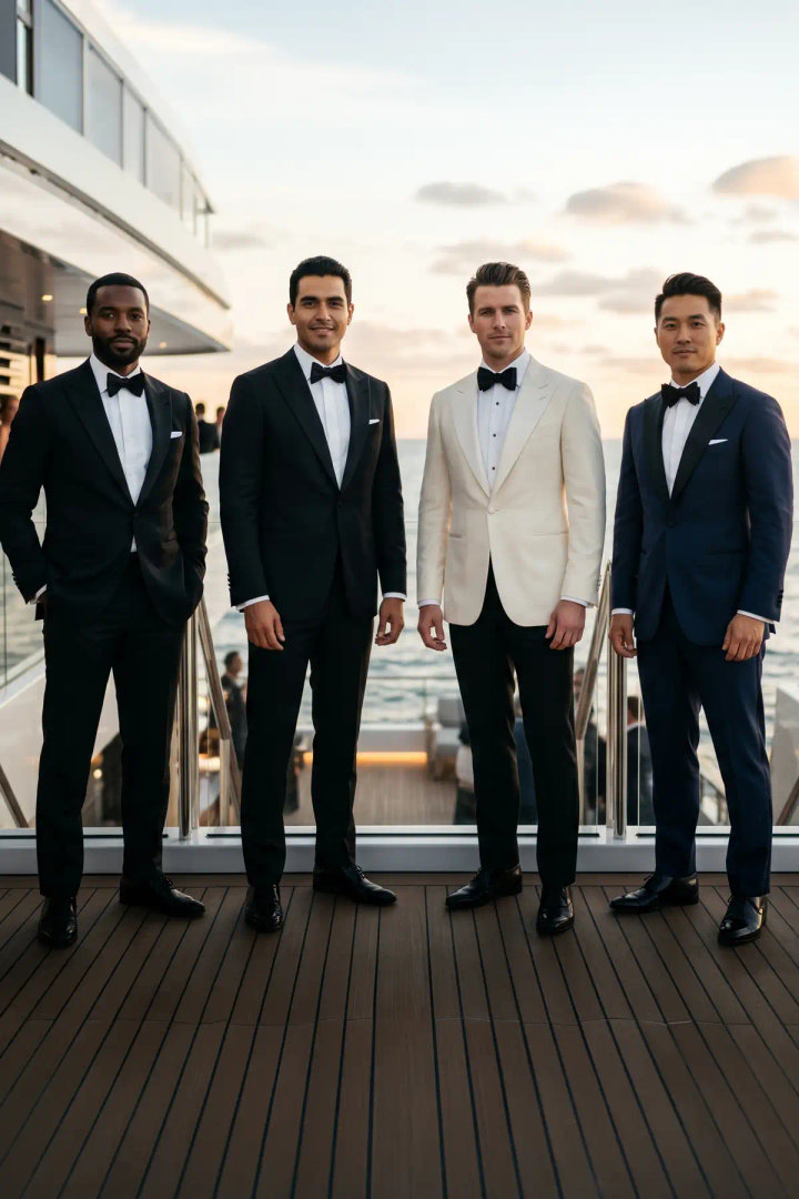 Ivory, Black and Blue Wedding Tuxedos for Grooms and Groomsmen