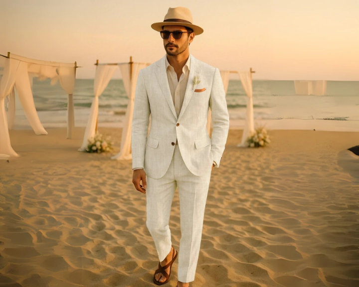 Beige Linen Summer Suit with Open-Collar White Shirt and Brown Hat