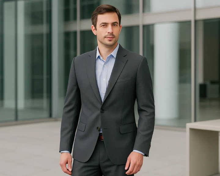 Charcoal Grey Suit with Open-Collar Blue Shirt