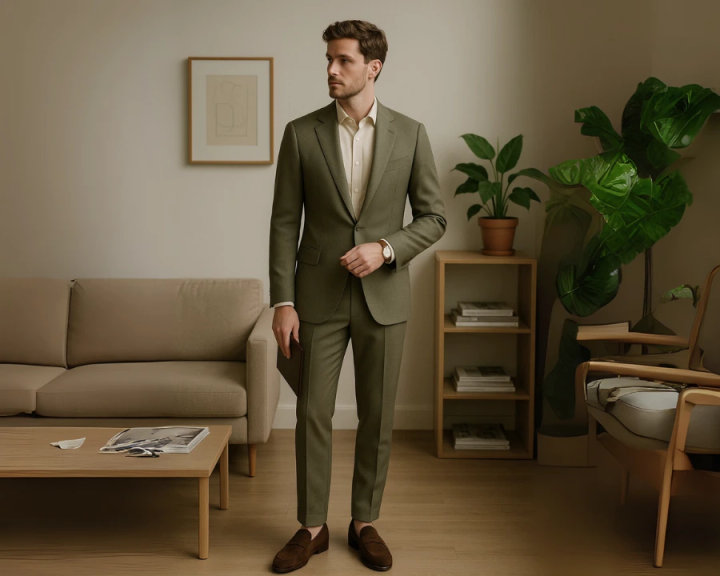 Light Green Suit with Ivory Shirt and Brown Loafers