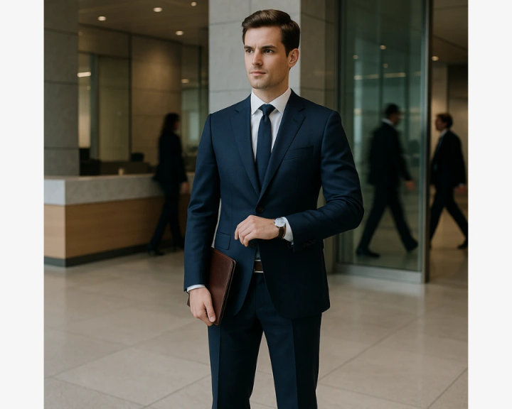 Deep Navy Blue Slim-Fit Suit with White Shirt and Navy Tie